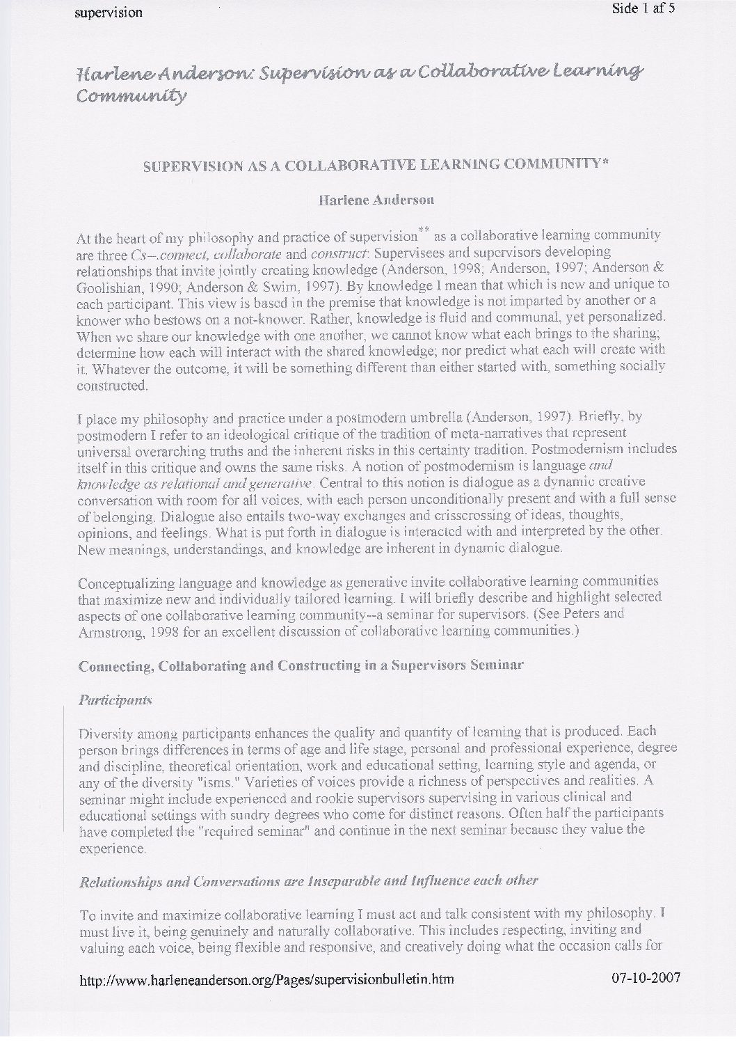 Supervision as a Collabroative Learning Community Harlene Anderson